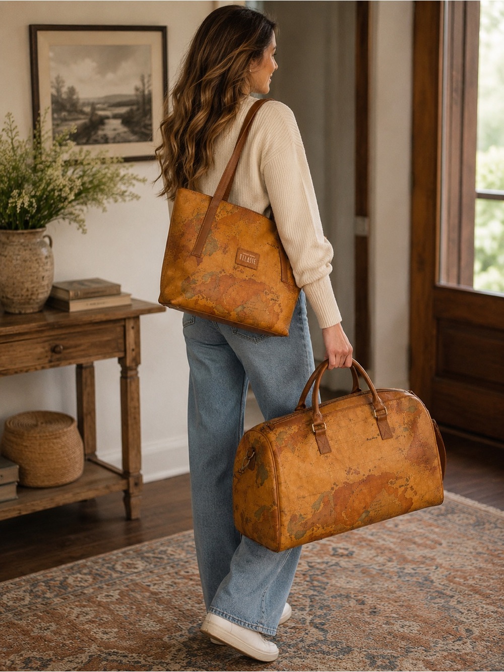 Alviero Martini Map-Print Tote with Cognac Leather Interior